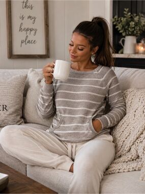 Barefoot Dreams Taupe and White Striped Luxurious Butter soft top - Small